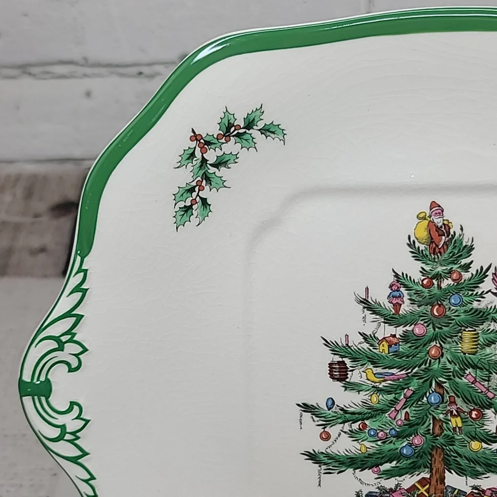 Spode Christmas Tree Vintage Collectible Ceramic Handled Square Cake Plate